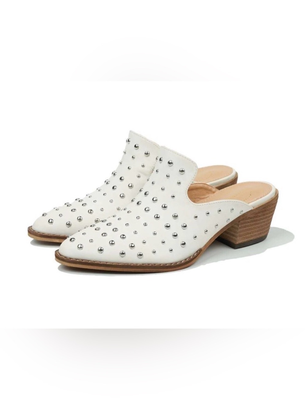 A Rider Girl White Studded Leather Mule Heels - Women
